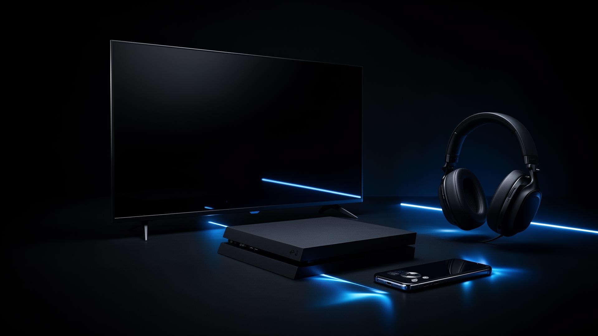 Premium electronics collection — TV, gaming console, smartphone and headphones